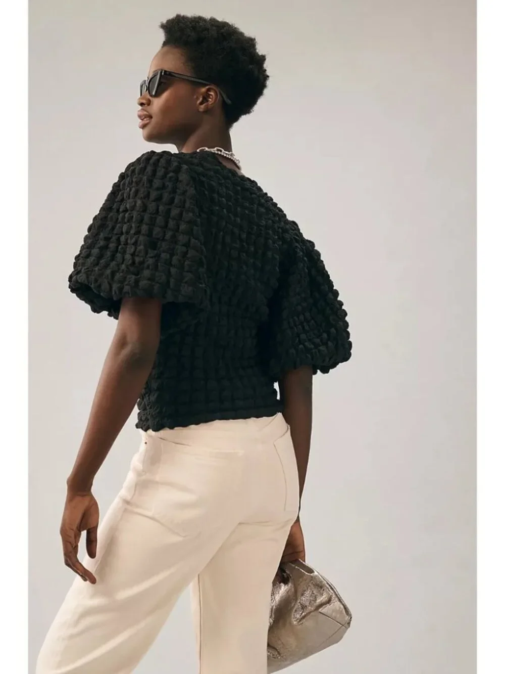 Eri + Ali Textured Puff-Sleeve Top Black Textured Bubble Smocked Fitted Size S